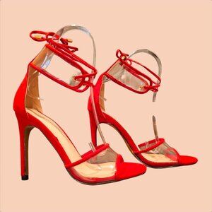 Red Strappy High Heel Sandals With Clear PVC & Ankle Tie Detail Elegant Evening